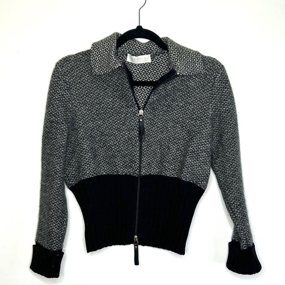 Alpha Massimo Rebecchi black and white wool angora zip up sweater size 10